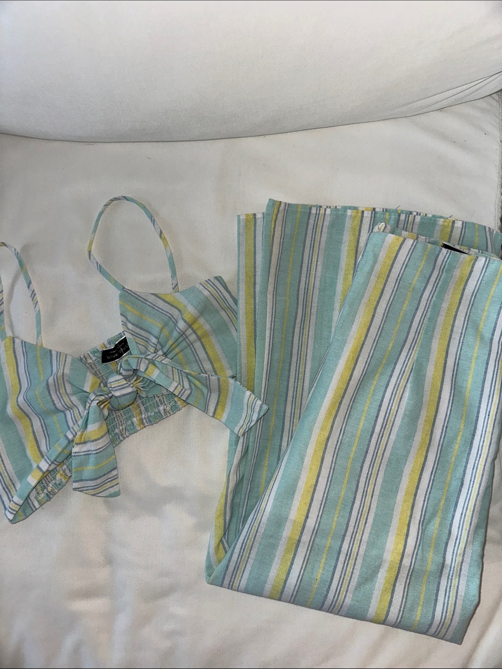 Striped Linen Two-Piece Tie-Front Top & Wide Leg Pants in Blue, Yellow, White